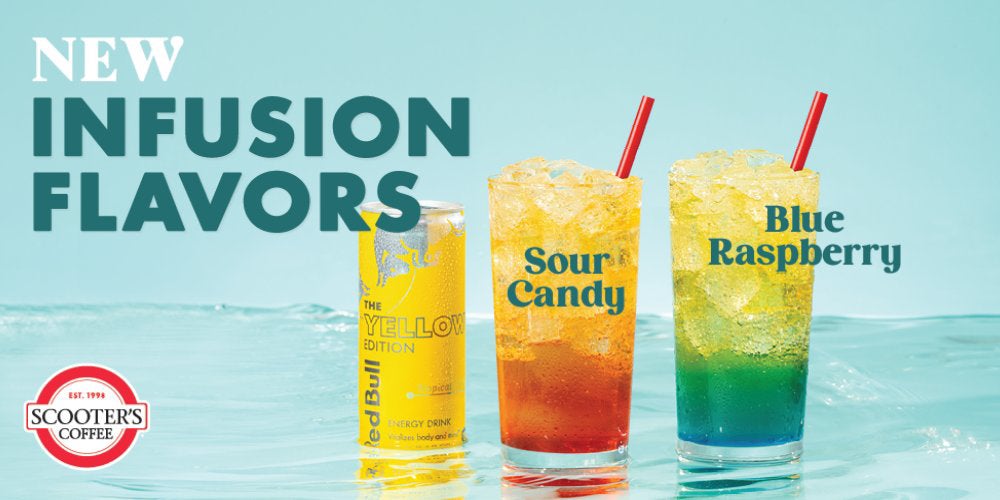Scooter's Coffee. Sour Candy & Blue Raspberry Red Bull Infusion Banner
