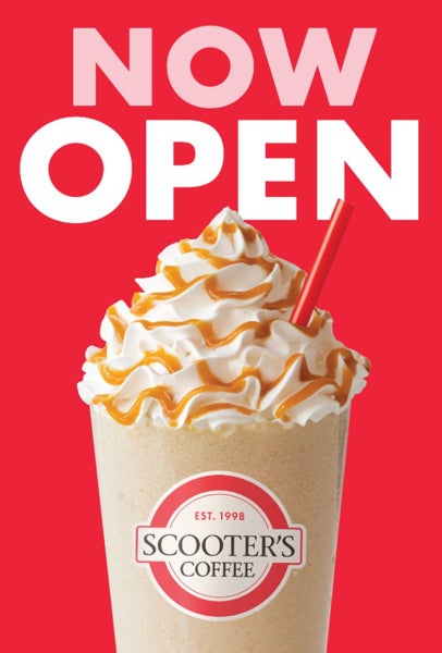 Scooter's Coffee. Now Open Hand Waving Sign